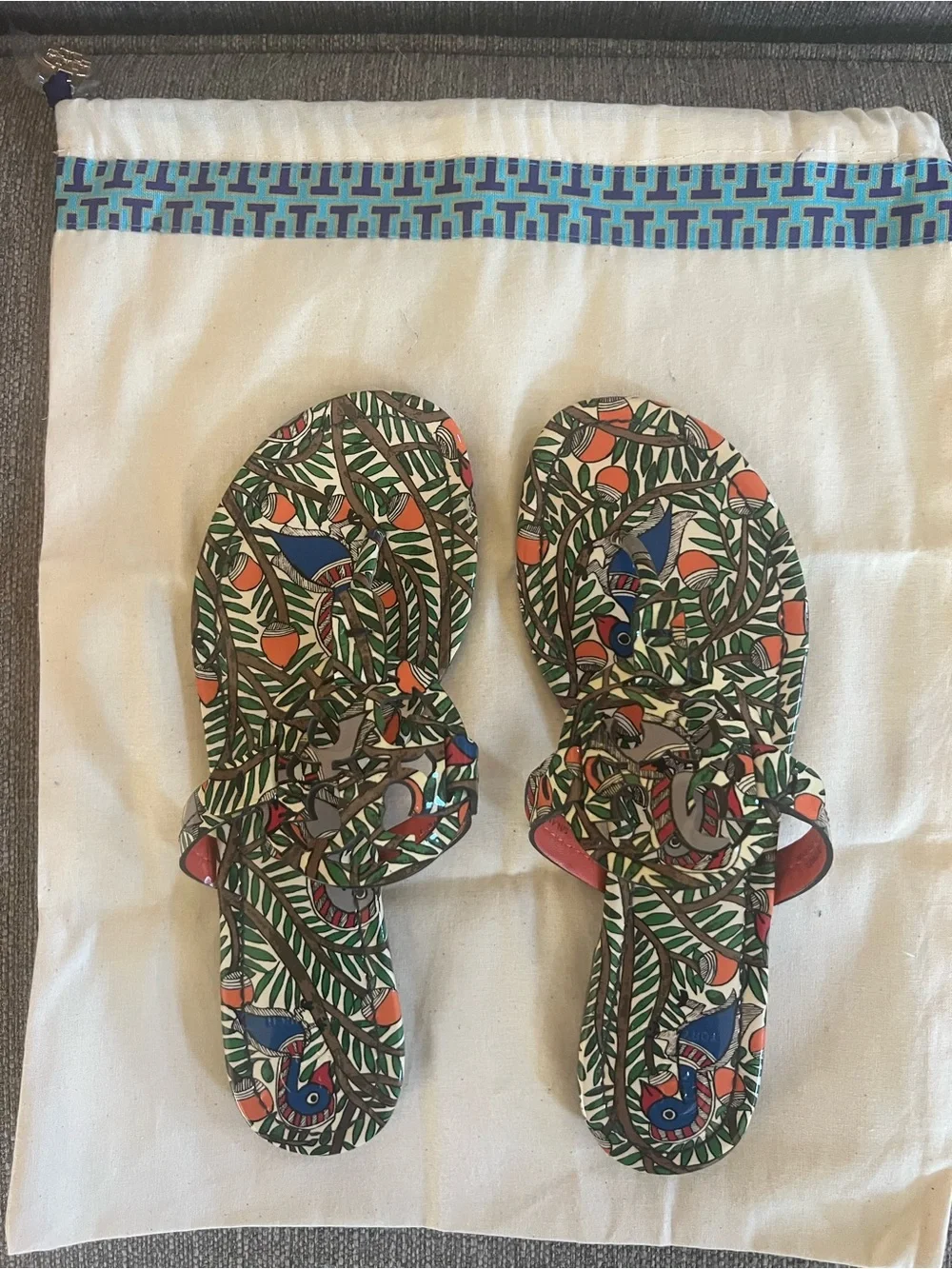 Tory Burch Multicolor Botanical Print Miller Sandals - Green, Orange, Blue 8.5